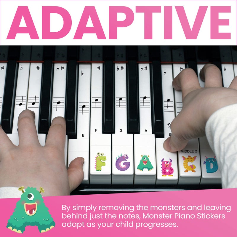 Crosby Monster Piano Stickers for Learning Piano or Keyboard - Transparent 88, 76, 61 & 49 Removable Key Set for Kids & Beginners - Image 2